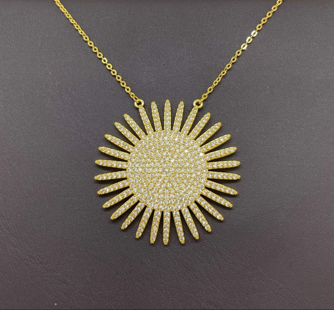 18K Gold Plated Sunburst Pendant Necklace with Cubic Zirconia