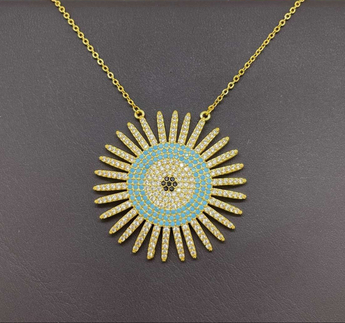 18K Gold Plated Sunburst Evil Eye Pendant Necklace with Cubic Zirconia