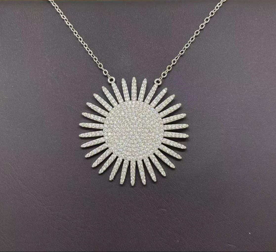 Sterling Silver Plated Sunburst Pendant Necklace with Cubic Zirconia
