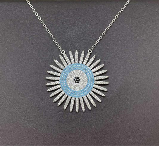 Sterling Silver Plated Sunburst Evil Eye Pendant Necklace with Cubic Zirconia & Turquoise Enamel