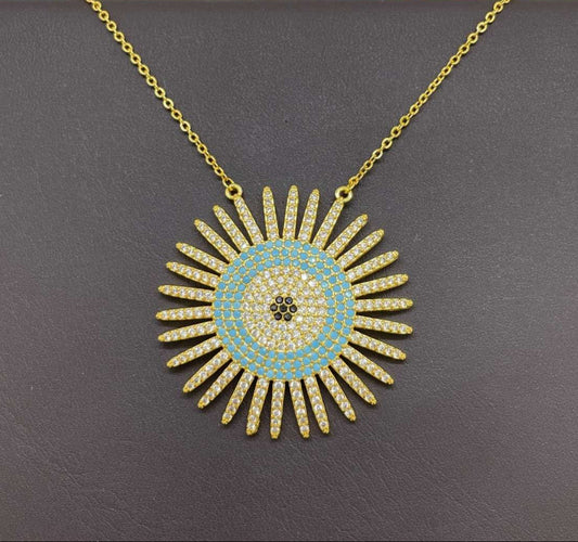 18K Gold Plated Sunburst Evil Eye Pendant Necklace with Cubic Zirconia